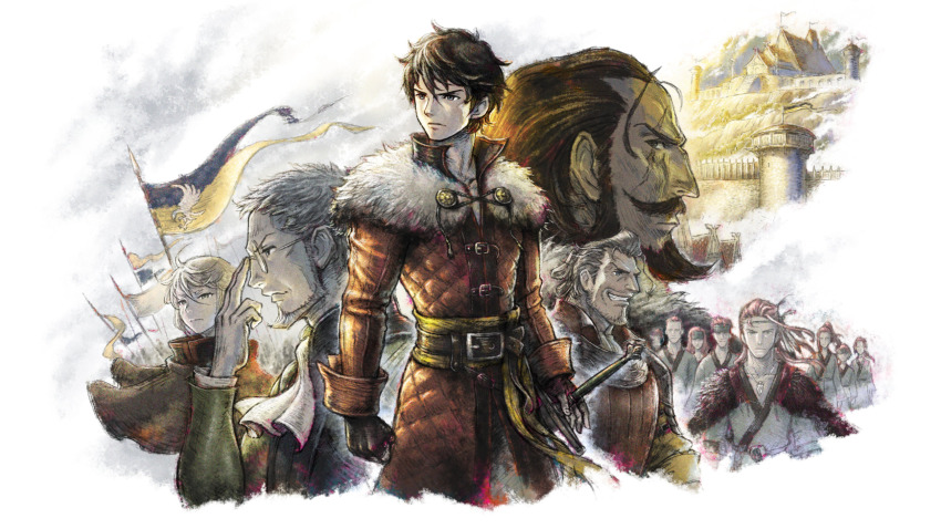 1girl 4boys adjusting_eyewear anna_pascal armor banner beard belt benedict_pascal black_hair blue_eyes brown_hair capelet cloak erador_ballentine facial_hair father_and_son feather_hair_ornament feathers fingerless_gloves fur_capelet glasses gloves grin hair_ornament hand_on_hilt high_collar highres ikusy jerrom_laesmi looking_afar looking_back male_focus multiple_boys mustache official_art old old_man pink_hair scar scar_across_eye scar_on_face serenoa_wolffort short_hair smile standing sword sword_hilt symon_wolffort teeth tower triangle_strategy warrior weapon