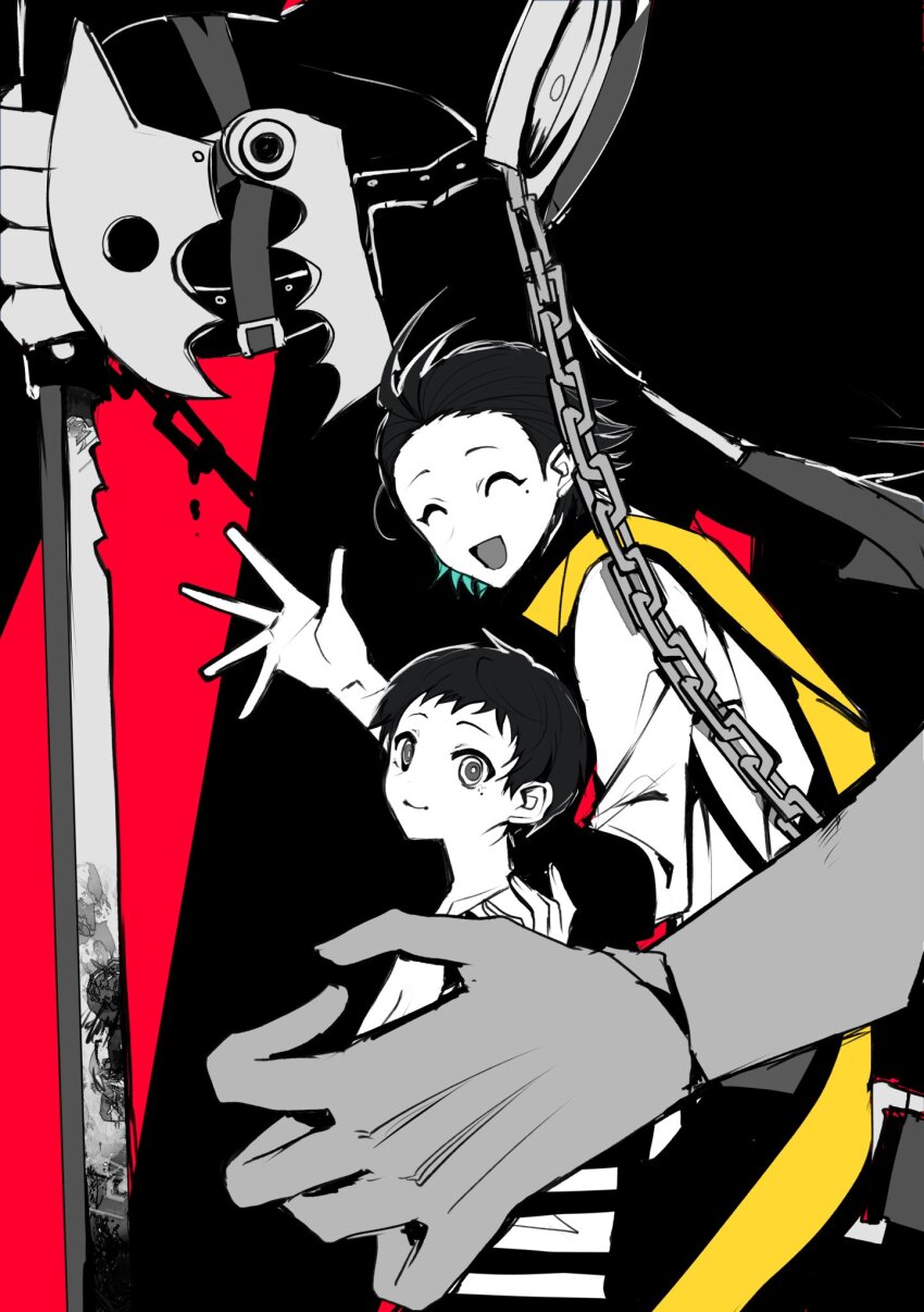 2boys black_hair closed_eyes closed_mouth highres male_focus mochizuki_ryouji mole mole_under_eye multiple_boys open_mouth persona persona_3 pharos scarf short_hair smile teketeke_(tasutekete) thanatos_(persona) waving yellow_scarf