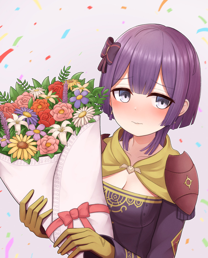 1girl absurdres armor atorie bernadetta_von_varley bernadetta_von_varley_(timeskip) blush bob_cut bouquet closed_mouth collarbone commentary_request confetti dress fire_emblem fire_emblem:_three_houses flower gloves grey_eyes hair_ribbon highres holding holding_bouquet leaf looking_at_viewer nintendo pauldrons purple_dress purple_flower purple_hair purple_ribbon red_flower ribbon short_hair shoulder_armor simple_background solo white_background white_flower yellow_flower yellow_gloves