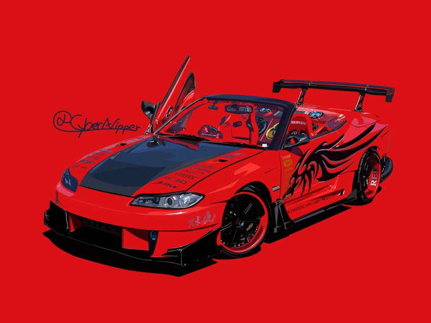 absurdres bride_(brand) car convertible cybernipper highres motor_vehicle nissan nissan_silvia nissan_silvia_s15 no_humans original red_background red_theme scissor_doors spoiler_(automobile) twitter_username vehicle_focus watermark web_address