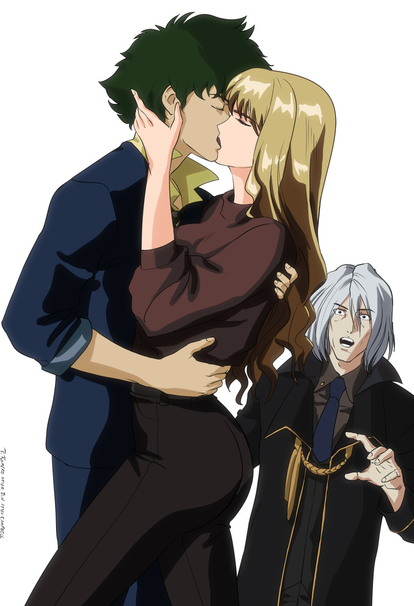 absurdres blonde_hair breasts couple cowboy_bebop curly_hair flower formal_clothes green_hair grey_eyes grey_hair highres hug jealousy julia_(cowboy_bebop) kiss spike_spiegel suit turtleneck vicious_(cowboy_bebop)