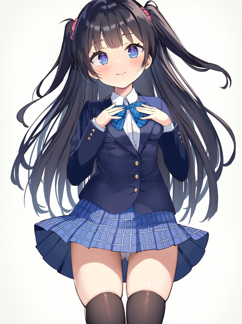 1girl absurdres black_hair black_thighhighs blazer blue_bow blue_bowtie blue_eyes blush bow bowtie hair_ornament hair_scrunchie highres jacket long_hair long_sleeves looking_at_viewer ochinsama original panties pantyshot plaid_bow plaid_bowtie plaid_clothes scrunchie shirt simple_background smile solo thighhighs twintails underwear white_background white_panties white_shirt