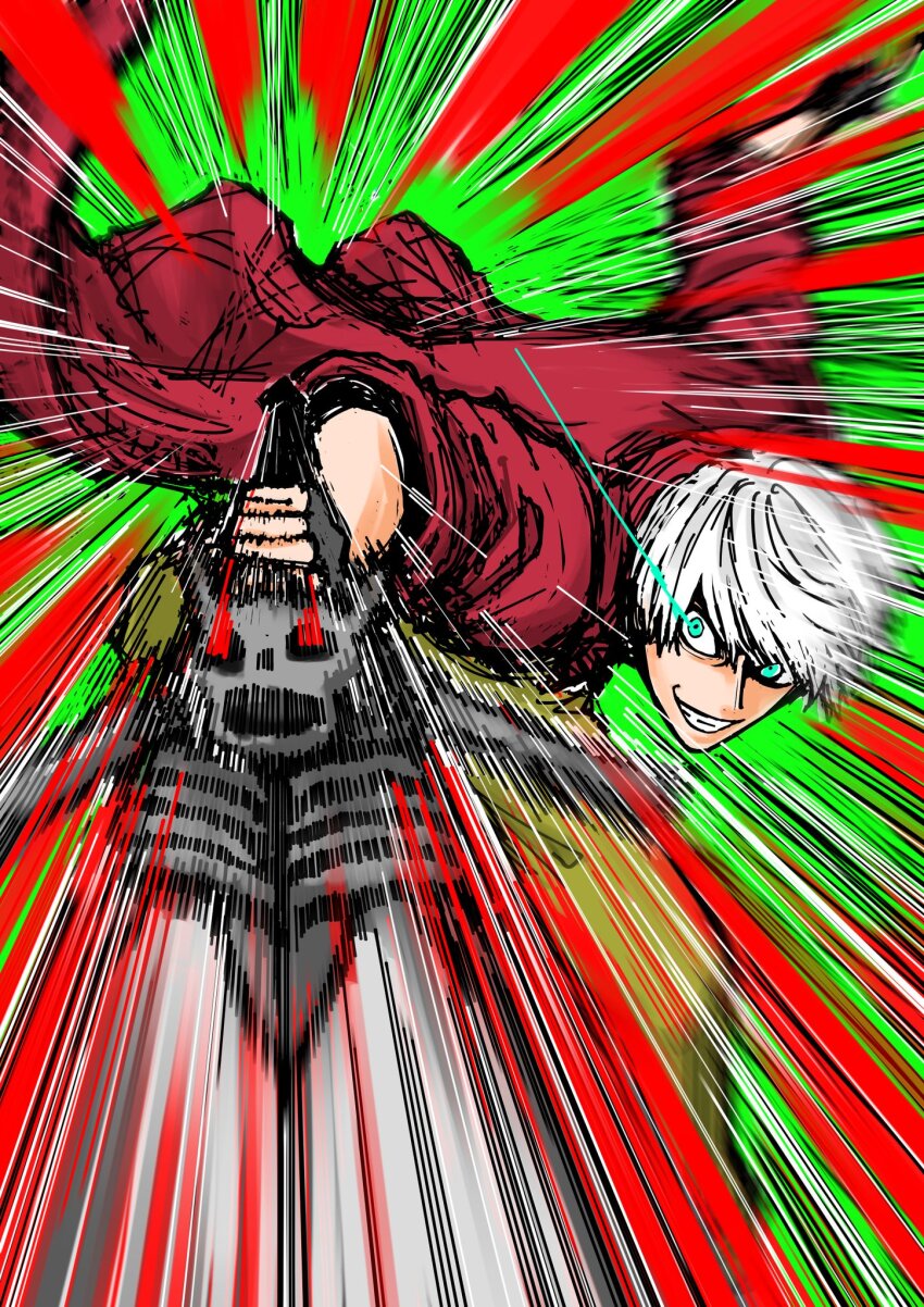 1boy afterimage black_gloves blue_eyes coat commentary_request dante_(devil_may_cry) devil_may_cry devil_may_cry_(series) devil_may_cry_3 eikenkobayashi emphasis_lines fingerless_gloves gloves green_background green_pants grin highres holding holding_sword holding_weapon incoming_attack male_focus motion_lines pants parted_lips rebellion_(sword) red_coat short_hair simple_background smile smirk solo speed_lines sword teeth weapon white_hair