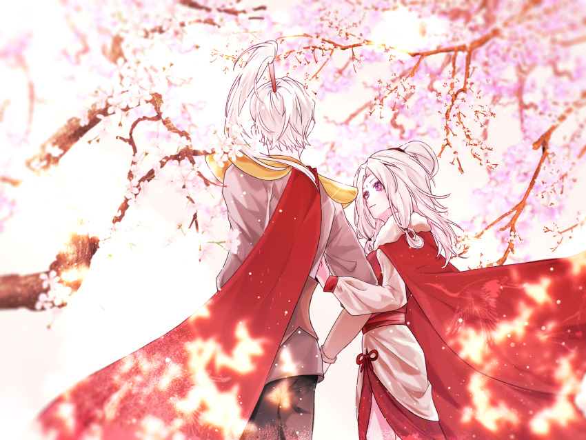 1boy 1girl back cape cherry_blossoms couple floating_hair fur_cape fur_collar glint grey_hair high_ponytail highres light_particles light_rays locked_arms looking_at_another petals ponytail prophet_of_water red_cape sky:_children_of_the_light sky_child spinning_mentor sunbeam sunlight