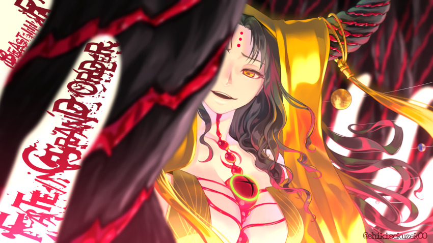 1girl black_hair breasts demon_pillar_(fate) dress fate/grand_order fate_(series) giant_hand highres horn_ornament horns large_breasts long_hair looking_at_viewer looking_down multicolored_hair off_shoulder panties parted_bangs revealing_clothes sessyoin_kiara sessyoin_kiara_(beast_iii/r) sessyoin_kiara_(heaven&#039;s_hole) shikisokuzek00 solo tassel two-tone_dress underwear veil very_long_hair yellow_eyes yellow_veil