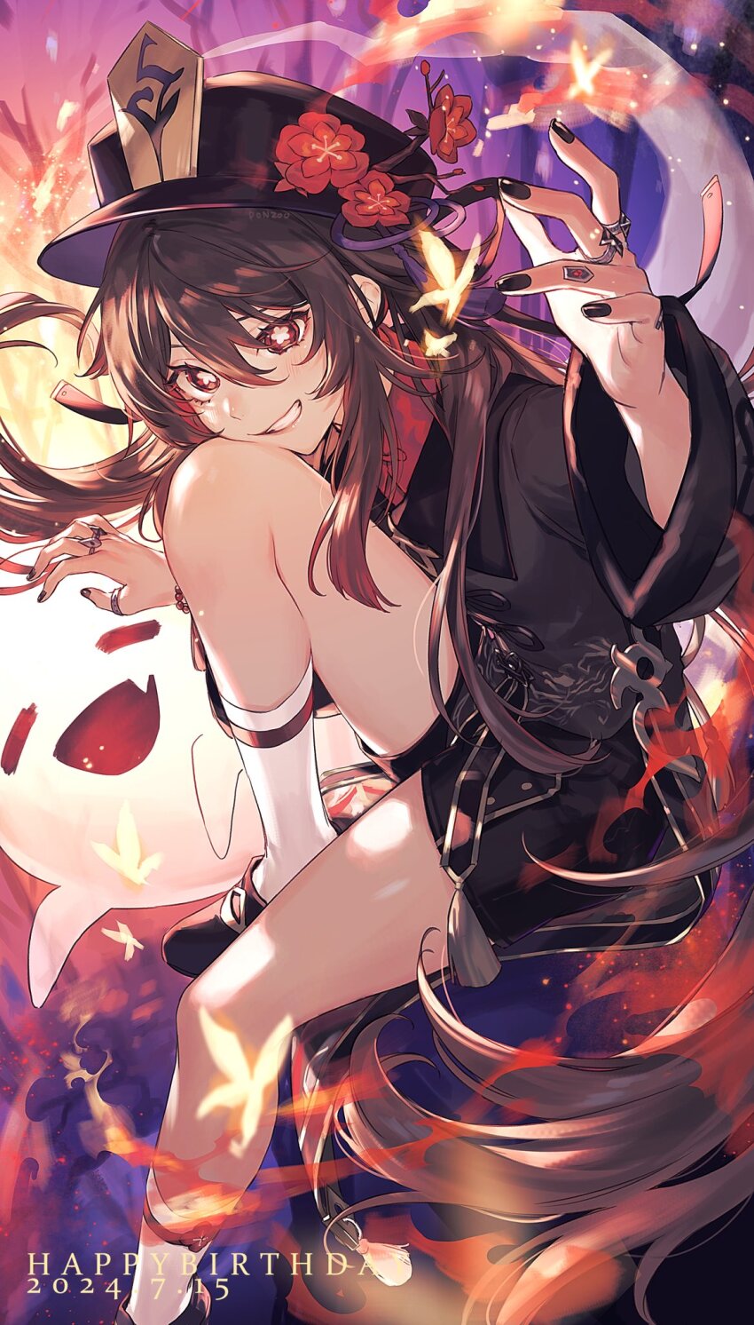 1girl black_footwear black_hat black_nails black_shorts boo_tao_(genshin_impact) bug butterfly commentary_request dated flower flower-shaped_pupils foot_out_of_frame genshin_impact ghost grin hair_between_eyes hand_up happy_birthday hat hat_flower head_on_knee highres hu_tao_(genshin_impact) insect jewelry knee_up long_hair long_sleeves looking_at_viewer multiple_rings plum_blossoms pon2oo porkpie_hat red_eyes red_flower ring shorts smile socks solo symbol-shaped_pupils tassel very_long_hair white_socks
