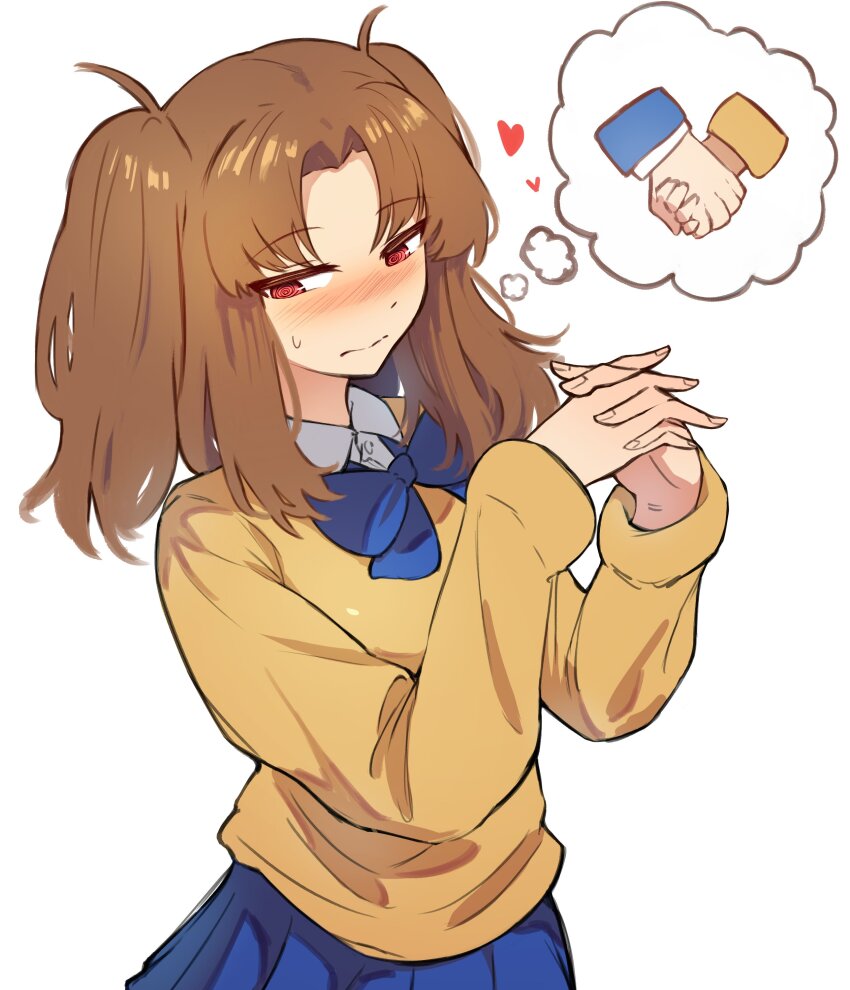 1girl @_@ absurdres blue_skirt brown_eyes brown_hair cowboy_shot highres holding_hands interlocked_fingers pleated_skirt simple_background skirt solo speech_bubble sweater thought_bubble tsukihime tsukihime_(remake) twintails vinsycal white_background yellow_sweater yumizuka_satsuki