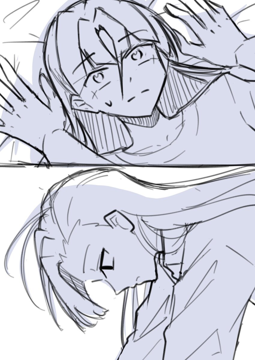 2girls ado_(utaite) closed_mouth commentary_request greyscale hair_between_eyes highres long_hair merry_(ado) monochrome multiple_girls naima_(ado) nori_(norinori_yrl) readymade_(ado) sweatdrop usseewa yukadon yuri