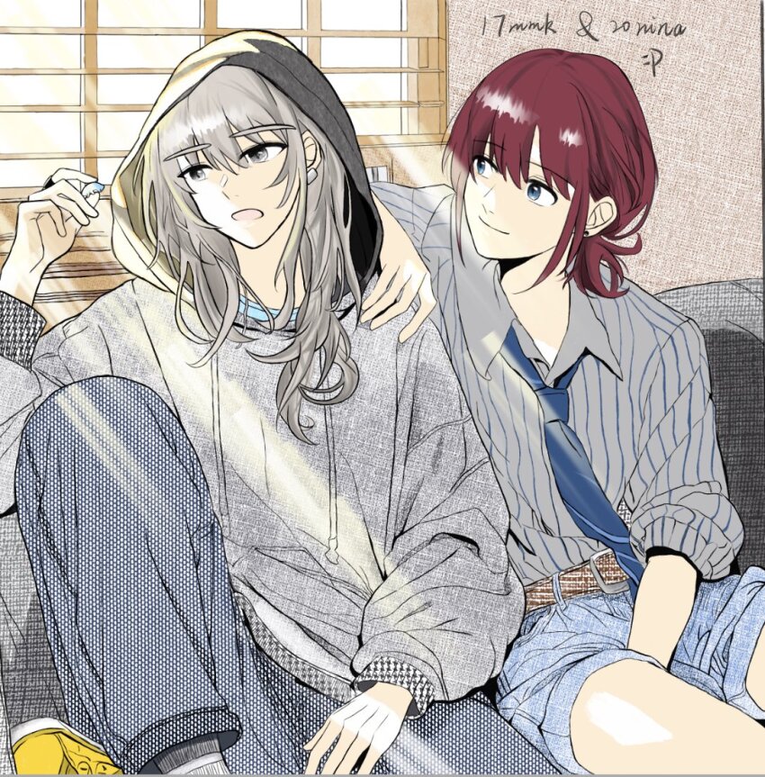 age_switch aged_down aged_up belt belt_buckle blue_eyes blue_pants blue_shorts brown_belt brown_hair buckle closed_mouth collared_shirt commentary_request earclip earrings girls_band_cry grey_eyes grey_hair grey_hoodie grey_shirt hood hood_up hoodie indoors iseri_nina jewelry kawaragi_momoka long_hair long_sleeves looking_at_another low_twintails momokan_1209 open_mouth pants shirt short_twintails shorts sidelocks sitting twintails yuri
