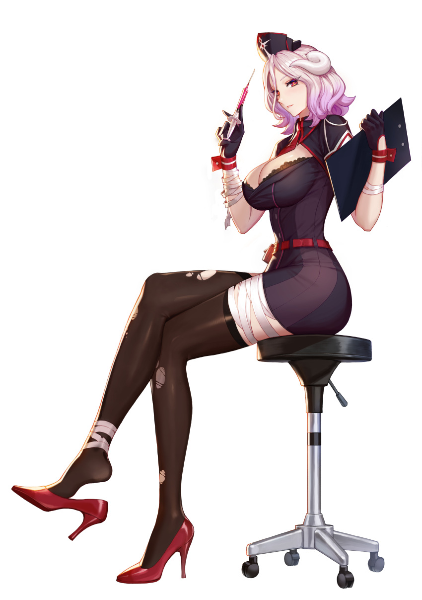 1girl absurdres bandages belt black_bra black_dress black_gloves black_thighhighs bra breasts chair cleavage clipboard commentary crossed_legs demon_horns dress english_commentary full_body gloves hat high_heels highres holding holding_syringe horns isaiah_(king&#039;s_raid) king&#039;s_raid lagna large_breasts looking_at_viewer medium_hair nurse nurse_cap official_art parted_lips pink_hair red_belt red_eyes red_shoes shiny_clothes shiny_skin shoe_dangle shoes short_dress short_sleeves simple_background sitting solo syringe thighhighs torn_clothes torn_thighhighs underwear white_background white_horns wrist_cuffs