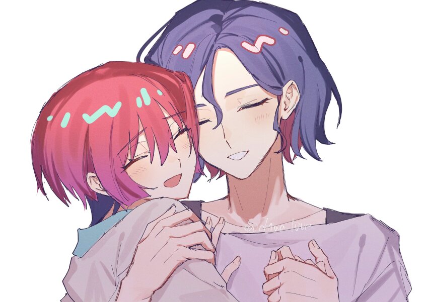 1boy 1girl amate_yuzuriha aqua_shirt blue_hair blush ch1wa_l0ve closed_eyes couple gundam gundam_gquuuuuux hetero highres holding holding_hands long_sleeves multicolored_hair open_mouth purple_hair red_hair school_uniform shirt short_hair shuji_ito simple_background sweater tank_top two-tone_hair upper_body white_background white_shirt