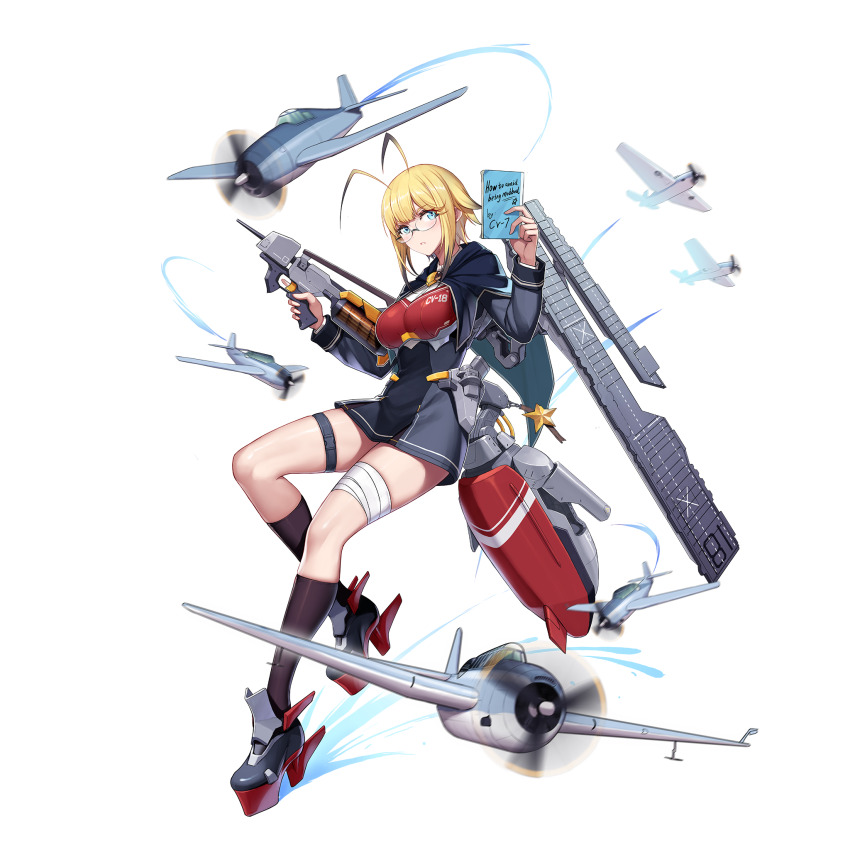 1girl antenna_hair armor artist_request black_socks blonde_hair blue_capelet blue_dress blue_eyes book breastplate breasts capelet dress english_text f6f_hellcat flight_deck glasses highres holding holding_book looking_at_viewer medium_breasts official_art rigging rimless_eyewear short_dress socks solo tbf_avenger thigh_strap transparent_background warship_girls_r wasp_(cv-18)_(warship_girls_r)