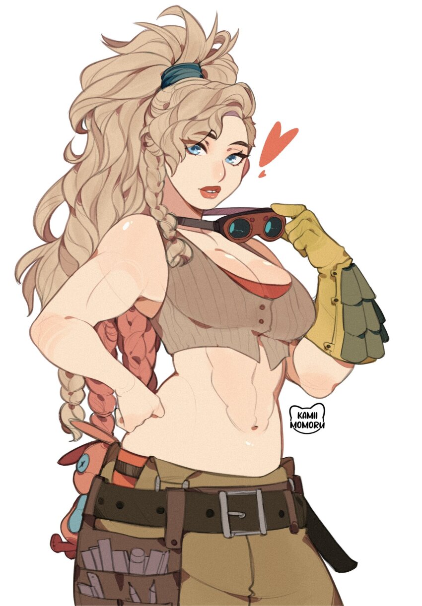 1girl abs artist_logo artist_name blonde_hair blue_eyes braid breasts brown_pants brown_shirt button_eyes buttons cleavage commentary english_commentary gemma_(monster_hunter_wilds) gloves hairband hand_on_own_hip heart highres kamii_momoru logo long_hair looking_at_viewer looking_down medium_breasts midriff monster_hunter_(series) monster_hunter_wilds muscular muscular_female pants red_lips red_tube_top shirt simple_background single_glove solo stomach strapless stuffed_toy tank_top tool_belt tooth_gap tube_top very_long_hair white_background yellow_gloves