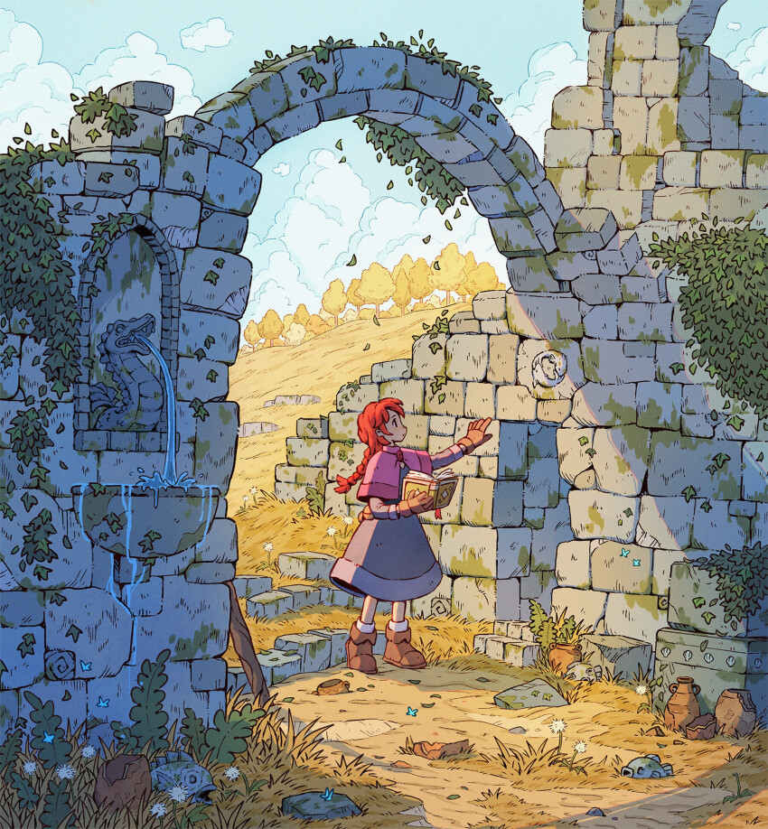 1girl arch book boots braid braided_ponytail broken_vase brown_boots brown_gloves capelet cloud commentary cumulonimbus_cloud dandelion day dress english_commentary fantasy flower fountain gloves grass hand_on_wall highres hill holding holding_book moss original outdoors overgrown pink_capelet plant red_hair ruins single_braid solo standing statue tree underpalewater vase vines water