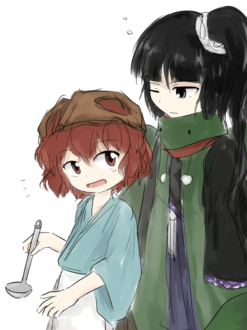 2others adagumo_no_yaorochi androgynous apron black_hair black_kimono blue_hakama blue_kimono blunt_bangs brown_hakama brown_helmet closed_mouth cowboy_shot dot_nose double-parted_bangs floral_print frilled_apron frills green_scarf hair_between_eyes hair_ornament hair_scrunchie hakama hakama_skirt happy height_difference helmet high_side_ponytail highres holding holding_ladle japanese_clothes jinbaori katano_sukune kimono kuroda_(kurota_ne) ladle len&#039;en light_blush light_frown long_hair long_sleeves looking_at_another lower_teeth_only multiple_others multiple_tails notice_lines official_style one_eye_closed open_mouth other_focus pom_pom_(clothes) red_hair red_scarf scarf scrunchie short_hair simple_background skirt sleepy sleeves_past_fingers sleeves_past_wrists smile snake_tail squeans standing tail teeth waist_apron white_apron white_background white_scrunchie wide_sleeves