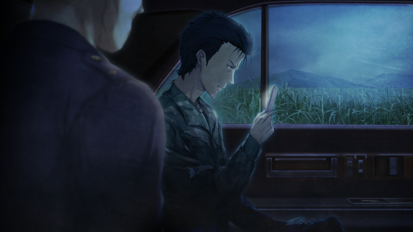 2boys beard_stubble black_shirt camouflage camouflage_jacket camouflage_pants car_interior facial_hair field game_cg grey_sky highres holding holding_phone huke jacket mature_male messy_hair multiple_boys narrowed_eyes night non-web_source official_art okabe_rintarou okabe_rintarou_(beta) pants phone ringed_eyes screen_light shirt short_hair sideburns_stubble sitting sky steins;gate steins;gate_0 stubble yellow_eyes