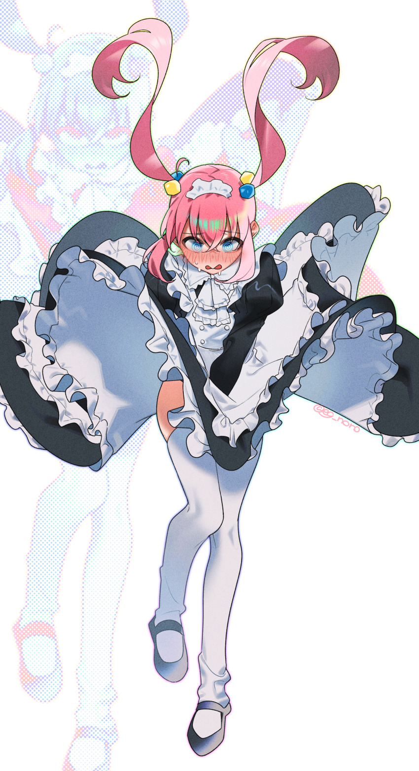1girl @_@ absurdres alternate_hairstyle apron black_dress black_shoes blue_eyes blush bocchi_the_rock! clothes_lift cube_hair_ornament dress dress_lift embarrassed floating_hair frilled_apron frilled_dress frills full_body gotoh_hitori hair_between_eyes hair_ornament highres juliet_sleeves long_hair long_sleeves looking_down maid_apron maid_headdress nose_blush pink_hair puffy_sleeves shoes sofa_(enogunomu) solo standing sweat thighhighs twintails twitter_username wavy_mouth white_background white_thighhighs wind wind_lift zoom_layer