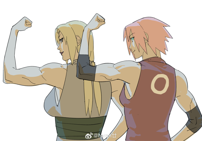 2girls arm_up bare_shoulders blonde_hair breasts clenched_hand elbow_sleeve flexing green_eyes green_pupils green_sash grey_kimono haruno_sakura highres hokage imitating japanese_clothes kimono lips lipstick looking_at_viewer looking_back makeup medium_breasts multiple_girls muscular muscular_female naruto_(series) naruto_shippuuden ninja nose nyan_2020 obi pink_hair pose_imitation red_shirt sash shirt short_hair sleeveless sleeveless_kimono sleeveless_shirt small_breasts smile teacher_and_student tsunade_(naruto) watermark weibo_username weibo_watermark white_background