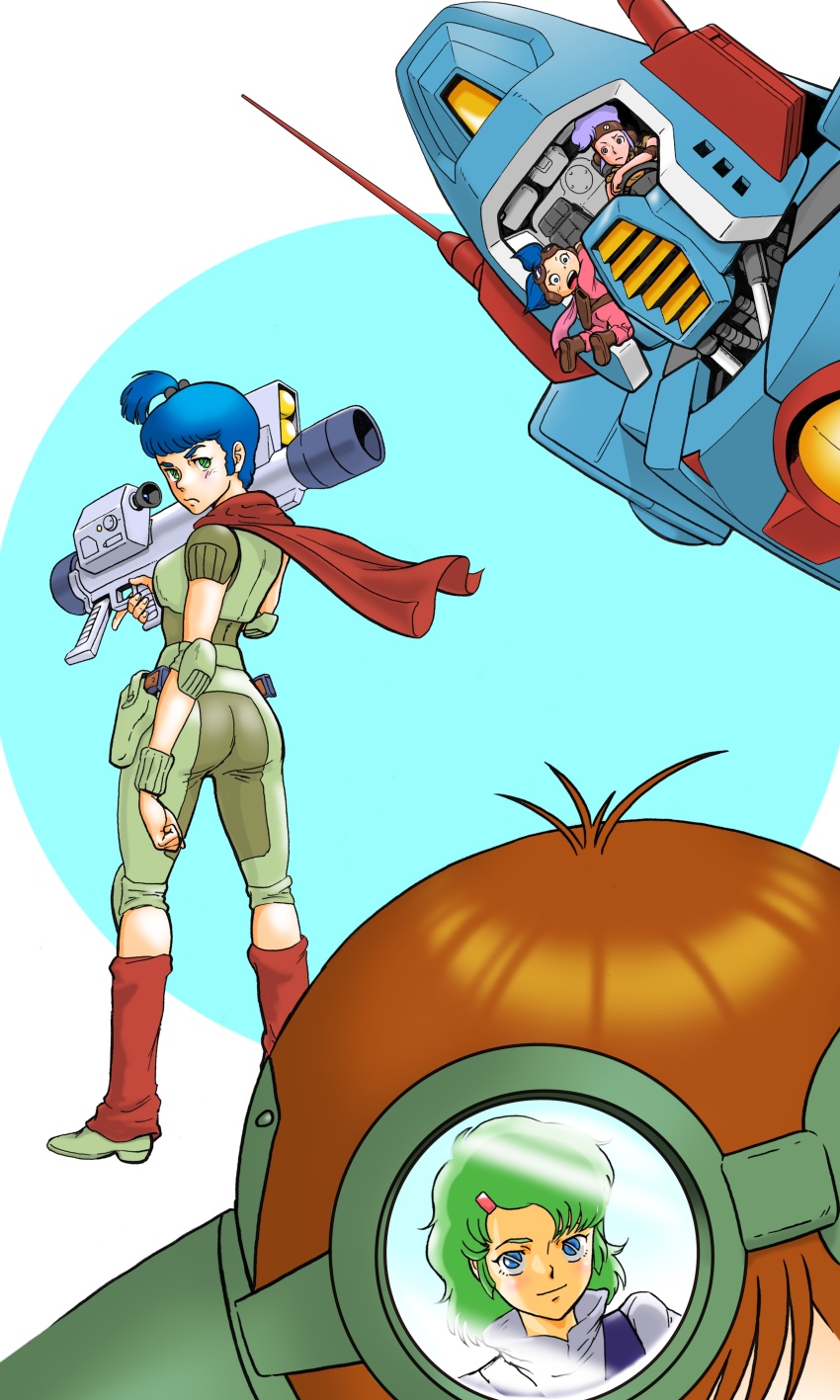 2boys 3girls :o absurdres aobito_sukoyaka_bystander arm_at_side ass blue_eyes blue_hair brown_eyes brown_footwear brown_hairband burume capelet chill elchi_cargo frown goggles green_footwear green_hair green_pants hair_bobbles hair_ornament hairband hairclip highres holding holding_weapon holster jiron_amos looking_at_viewer mecha multiple_boys multiple_girls pants pink_shirt purple_hair rag_uralo robot rocket_launcher sentou_mecha_xabungle shirt side_ponytail simple_background standing weapon xabungle_(mecha)