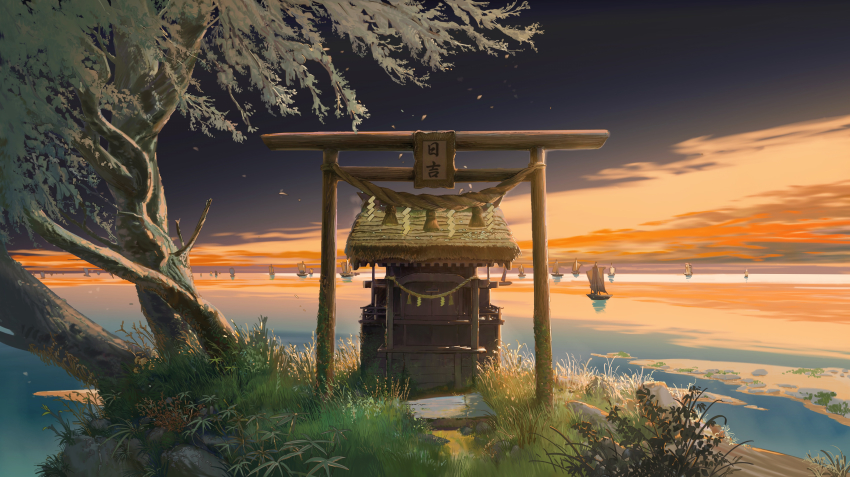 absurdres ashorz boat cloud commentary grass highres island leaf no_humans original outdoors rope scenery shrine torii translation_request tree water watercraft