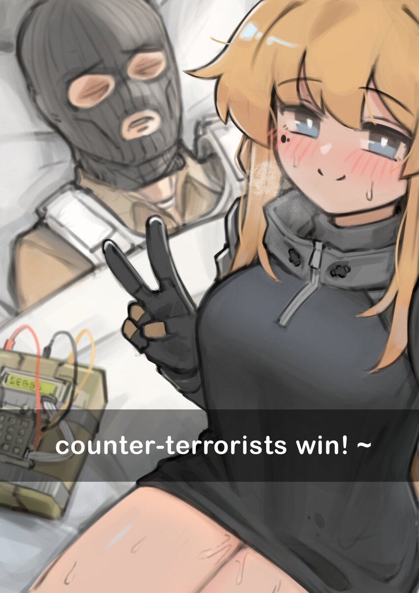 1boy 1girl absurdres balaclava black_gloves black_sweater blonde_hair bomb c4 counter-strike_(series) english_text exhausted explosive gloves guy_tired_after_sex_(meme) highres implied_sex indie_virtual_youtuber meme mole mole_under_eye original seggs_(meme) selfie sleeping snapchat sweater terrorist time_bomb v virtual_youtuber whiskey_project xerbatt zipper zipper_pull_tab
