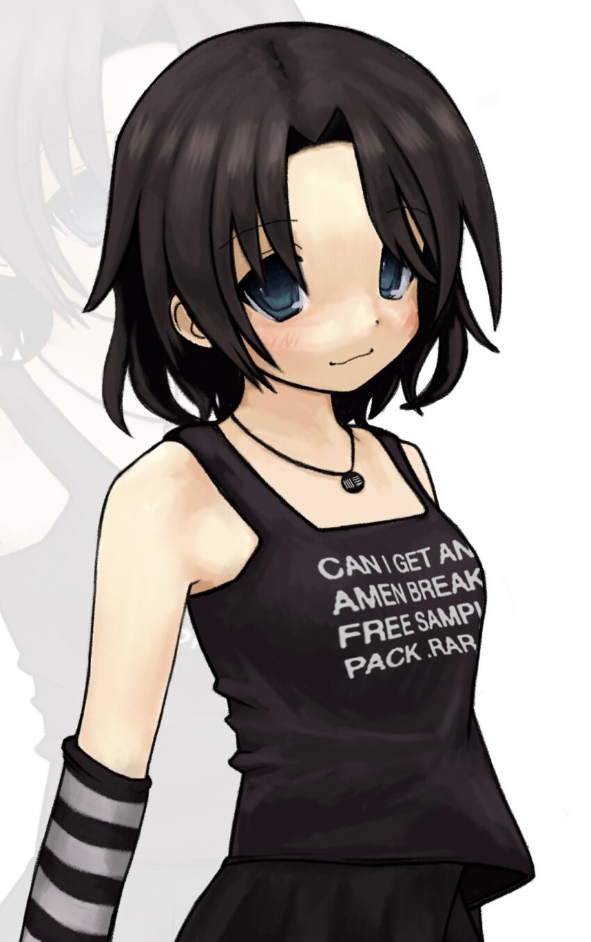 1girl 2000s_(style) arm_warmers blue_eyes blush brown_hair dot_nose goth_fashion highres jewelry necklace original pale_skin skirt smile solo tank_top zoolpal zoom_layer