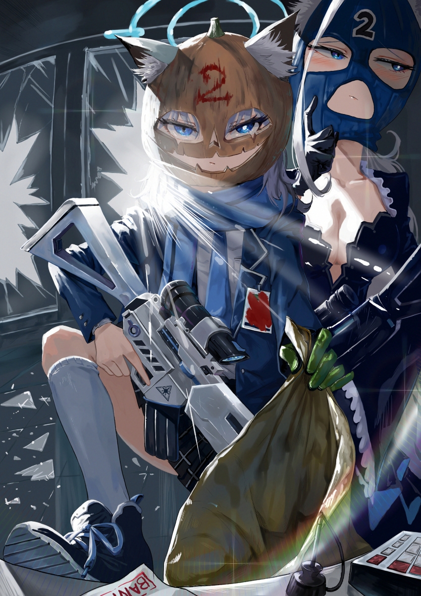 2girls :| absurdres animal_ear_fluff animal_ears assault_rifle averting_eyes bag balaclava bank blue_archive blue_dress blue_halo blue_jacket blue_scarf blush breasts broken_glass broken_window buttons cleavage closed_mouth collarbone dress dual_persona finger_to_cheek glass gloves green_gloves gun halloween halo highres holding holding_bag holding_gun holding_weapon jack-o&#039;-lantern jacket kongaru_123 lapels leg_up long_sleeves looking_at_viewer mismatched_pupils multiple_girls notched_lapels number_print plunging_neckline pumpkin pumpkin_hat revealing_clothes rifle robbery scarf scope scratching_cheek shiroko_(blue_archive) shiroko_terror_(blue_archive) shoes sig_sauer_556 single_glove skirt sneakers socks trigger_discipline weapon window wolf_ears