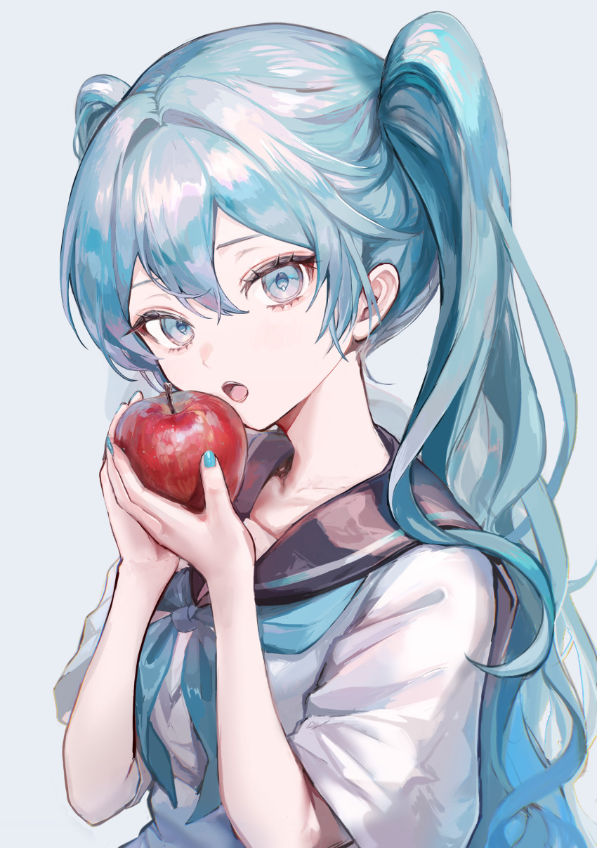 1girl absurdres alternate_costume apple black_sailor_collar blue_background blue_eyes blue_hair blue_nails blue_neckerchief commentary food fruit hair_between_eyes hands_up hatsune_miku highres holding holding_food holding_fruit looking_at_viewer neckerchief open_mouth pipi_(pipinavigation) sailor_collar school_uniform shirt short_sleeves sidelocks solo twintails upper_body vocaloid white_shirt