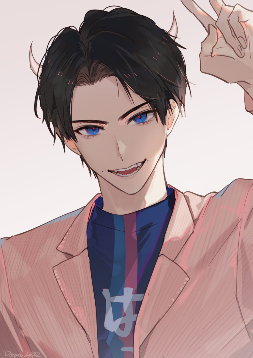 1boy black_hair blue_eyes demon_horns doran_(doran7280) eyebrows fangs highres horns igarashi_ikki jacket kamen_rider kamen_rider_revice looking_at_viewer male_focus pink_jacket possessed shirt short_hair solo t-shirt upper_body v vice_(kamen_rider_revice) white_background white_horns