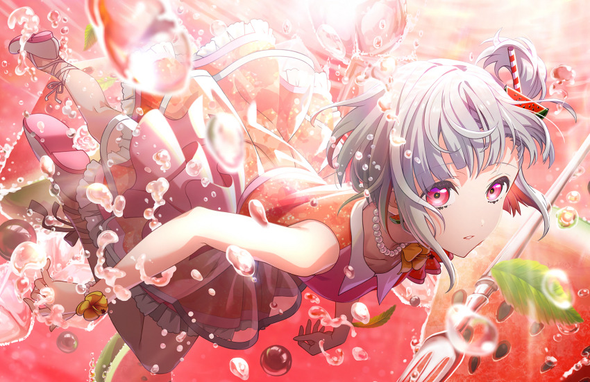 1girl air_bubble bead_bracelet bead_necklace beads bracelet bubble collarbone colored_inner_hair dress drinking_straw drinking_straw_hair_ornament flats flower flower_bracelet flower_necklace food food-themed_hair_ornament fork frilled_dress frills fruit full_body game_cg grey_hair hair_ornament hajikeru_suika_soda_(love_live!) highres ice ice_cube jewelry leaf link!_like!_love_live! looking_at_viewer love_live! medium_dress mini_person minigirl multicolored_hair necklace official_art orange_flower oversized_food oversized_object parted_lips red_dress red_eyes red_hair see-through_dress_layer short_hair sleeveless sleeveless_dress solo streaked_hair third-party_source underwater virtual_youtuber watermelon watermelon_hair_ornament watermelon_slice white_footwear yugiri_tsuzuri yugiri_tsuzuri_(hajikeru_suika_soda)