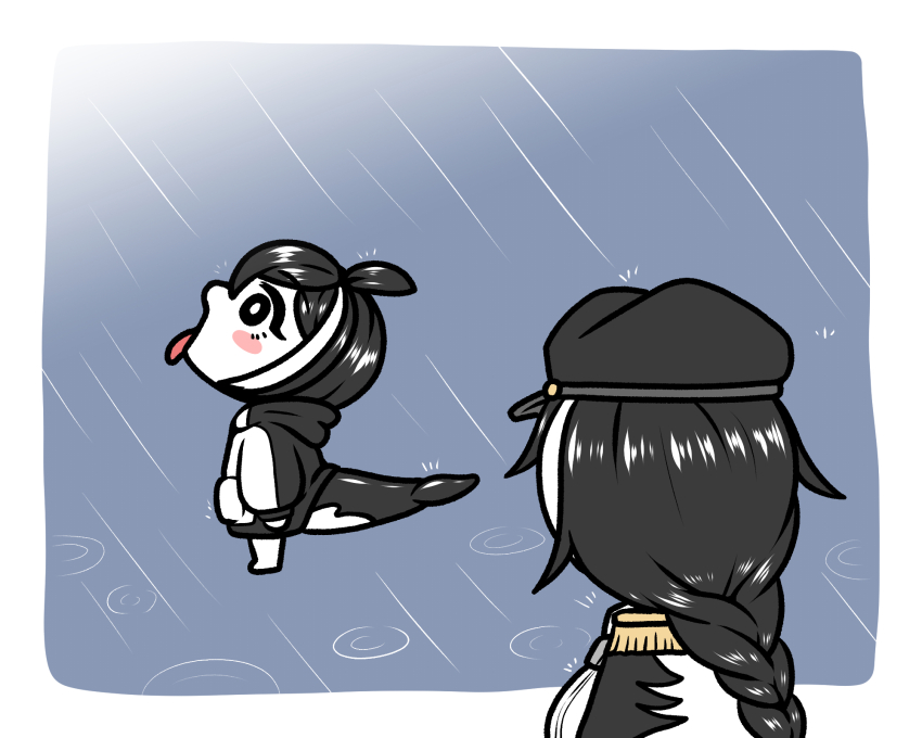 2girls ahoge alcyone_(last_origin) black_hair blush_stickers braid cetacean_tail fins fish_tail goku_and_vegeta_in_the_rain_(meme) gradient_background highres last_origin meme merope_(last_origin) multicolored_hair multiple_girls rain simple_background tail tongue tongue_out two-tone_hair water water_drop waterbear whale_girl white_hair