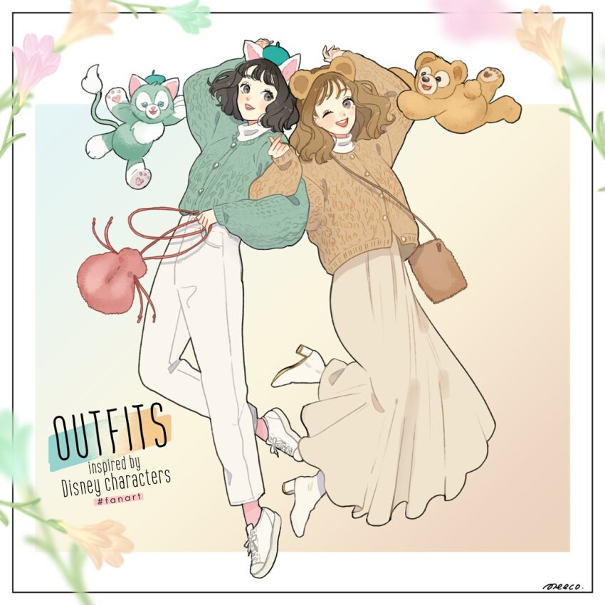 2boys 2girls animal_ears animification bear_boy bear_ears cat_boy dual_persona duffy_and_friends duffy_the_disney_bear furry furry_female furry_male gelatoni genderswap green_fur humanization long_hair looking_at_viewer meecosme multiple_boys multiple_girls shirt smile stuffed_animal stuffed_toy