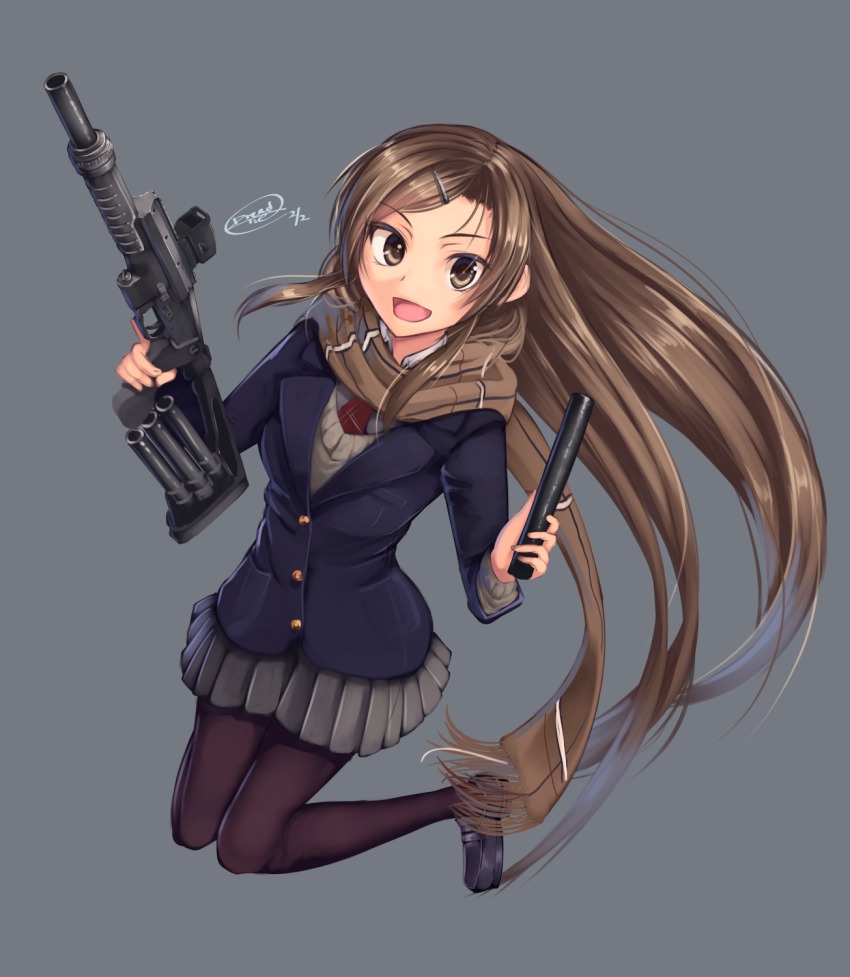 1girl bad_id bad_pixiv_id blazer brown_eyes brown_hair defendtex dreadtie electronic_firearm female_focus folding_stock gun highres jacket kawase_ai long_gun long_hair metal_storm metal_storm_maul modular_weapon_system muzzleloader original pantyhose pleated_skirt prototype prototype_design quickloader revolver_speedloader scarf school_uniform semi-automatic_shotgun shotgun shotgun_speedloader sight_(weapon) simple_background skirt smoothbore solo stacked_projectile_munition_tube stand-alone_configuration stock_(firearm) superposed_firearm transforming_weapon tubular_magazine very_long_hair weapon weapon_focus weird_guns_of_the_world