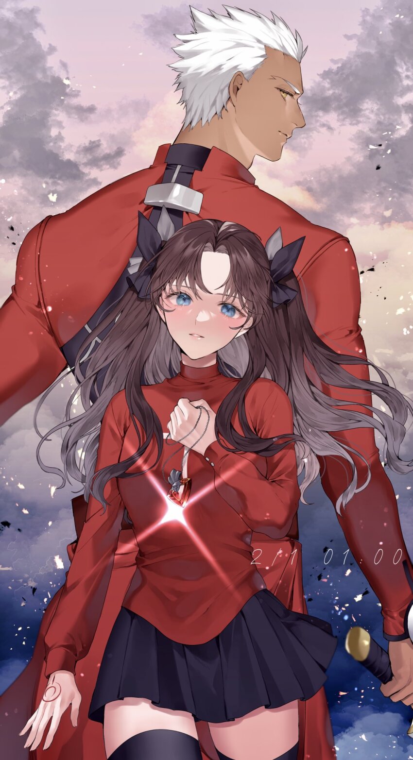 1boy 1girl archer_(fate) back-to-back black_hair black_ribbon black_skirt black_thighhighs blue_eyes closed_mouth cloud command_spell commentary_request cross dark-skinned_male dark_skin fate/stay_night fate_(series) floating_hair grin hair_ribbon height_difference highres holding holding_sword holding_weapon jewelry latin_cross long_hair long_sleeves looking_at_viewer miniskirt parted_bangs pendant pendant_removed pleated_skirt red_sweater ribbon shimatori_(sanyyyy) short_hair skirt sky smile sweater sword thighhighs tohsaka_rin turtleneck turtleneck_sweater two_side_up weapon white_hair yellow_eyes