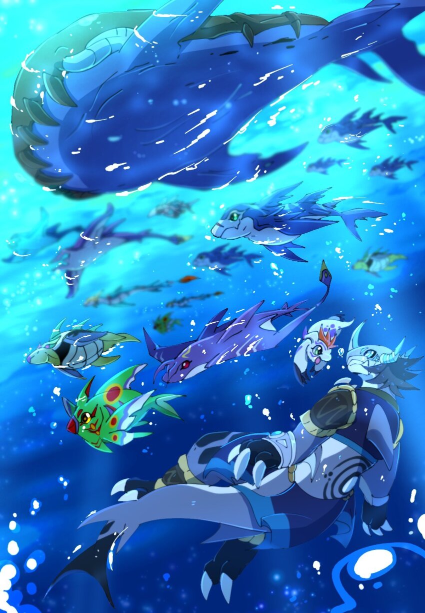 archelomon armor digimon digimon_(creature) gomamon happy highres horns looking_at_another mantaraymon oridigi rukamon short_hair smile swimmon tail underwater whamon