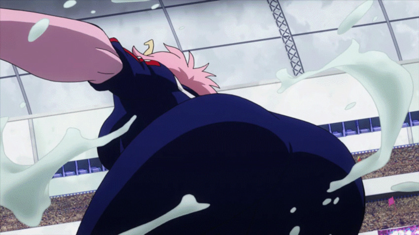 1girl acid anime_screenshot ashido_mina ass ass_focus boku_no_hero_academia breasts colored_skin female_focus from_behind highres horns jacket messy_hair non-web_source pants pink_hair pink_skin short_hair solo stadium track_jacket track_pants u.a._gym_uniform