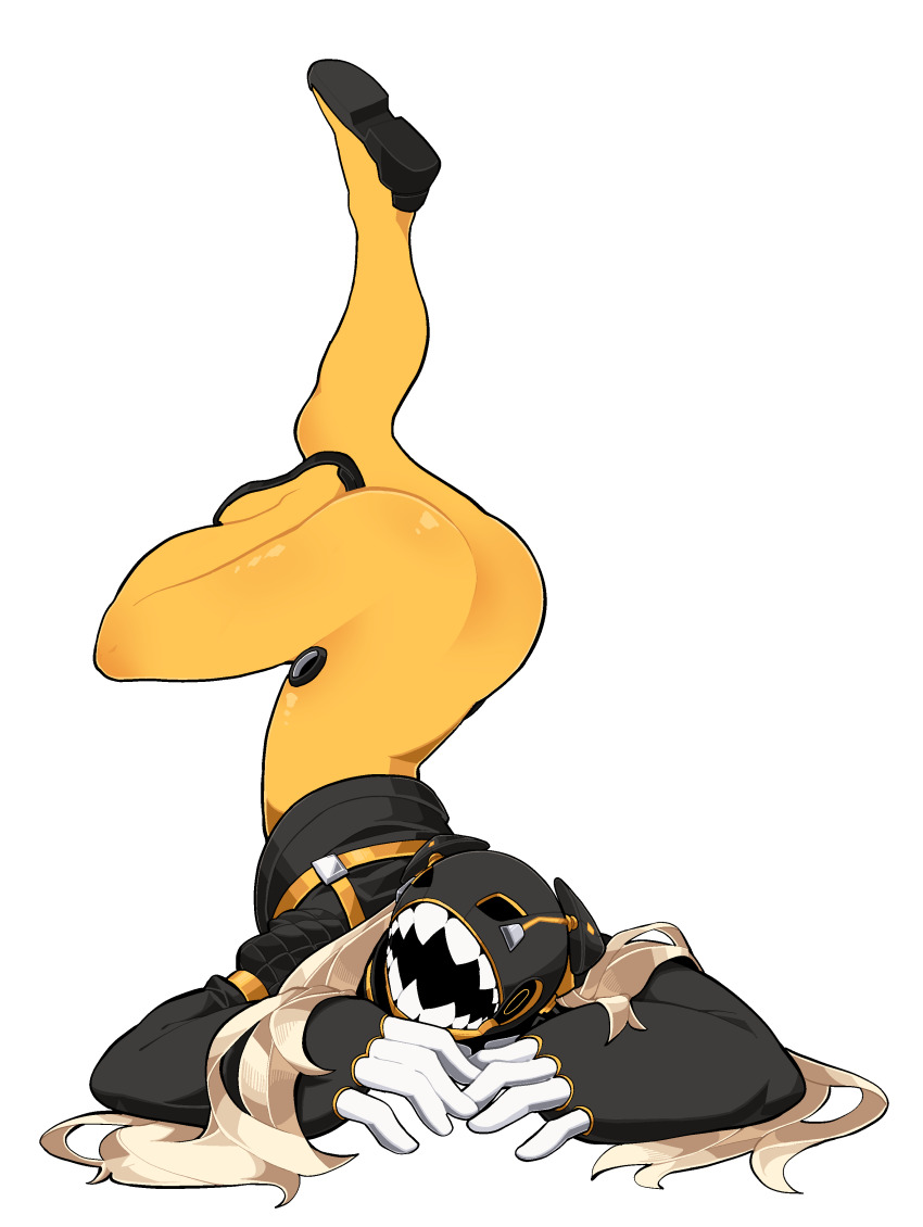1girl absurdres animal_ears_helmet animal_helmet arm_rest ass black_helmet black_jacket blonde_hair bodysuit commentary cropped_jacket faceless faceless_female fingerless_gloves full_body gloves hands_on_ground handstand helmet highres impossible_bodysuit impossible_clothes jacket large_hands legs_up long_hair long_sleeves min_lona ohta_(min_lona) original oversized_limbs puffy_sleeves sharp_teeth simple_background skin_tight solo standing strap teeth twintails very_long_hair white_background yellow_bodysuit