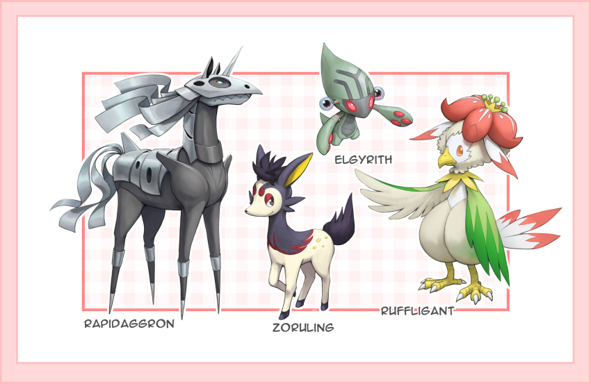 aggron anorith beak black_eyes border character_name closed_mouth commentary deerling elgyem english_commentary fusion gen_1_pokemon gen_3_pokemon gen_5_pokemon highres kazuko_(towa) lilligant looking_at_viewer nintendo no_humans orange_eyes pokemon pokemon_(creature) rapidash rufflet smile standing talons zorua