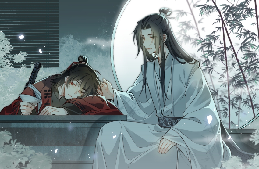 2boys artist_request bamboo black_eyes black_hair black_hanfu chinese_clothes chinese_commentary closed_mouth coat commission cup dao_gui_yi_xian full_moon hair_bun hair_ribbon half_updo hand_on_another&#039;s_head hanfu head_rest highres holding holding_cup indoors lattice li_huowang light_particles long_hair long_sleeves looking_at_another male_focus moon multiple_boys night red_coat red_eyes red_ribbon ribbon robe round_window sakazuki sash second-party_source single_hair_bun sitting smile smoke sword sword_on_back very_long_hair weapon weapon_on_back white_hanfu wide_sleeves window xiao_guan_(headdress) yaoi zhuge_yuan