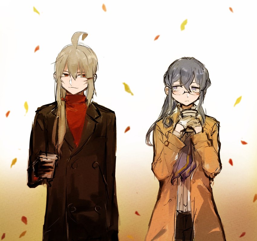 2girls agtt25333 alternate_costume alternate_hairstyle black_coat black_gloves blue_eyes blue_hair blush brown_coat closed_mouth coat cup disposable_coffee_cup disposable_cup facial_scar gangut_(kancolle) glasses gloves gotland_(kancolle) grey_hair hair_between_eyes hair_bun highres kantai_collection long_hair long_sleeves looking_at_another looking_at_viewer multiple_girls red_eyes red_sweater scar scar_on_cheek scar_on_face shirt single_hair_bun sweater twitter_username white_shirt