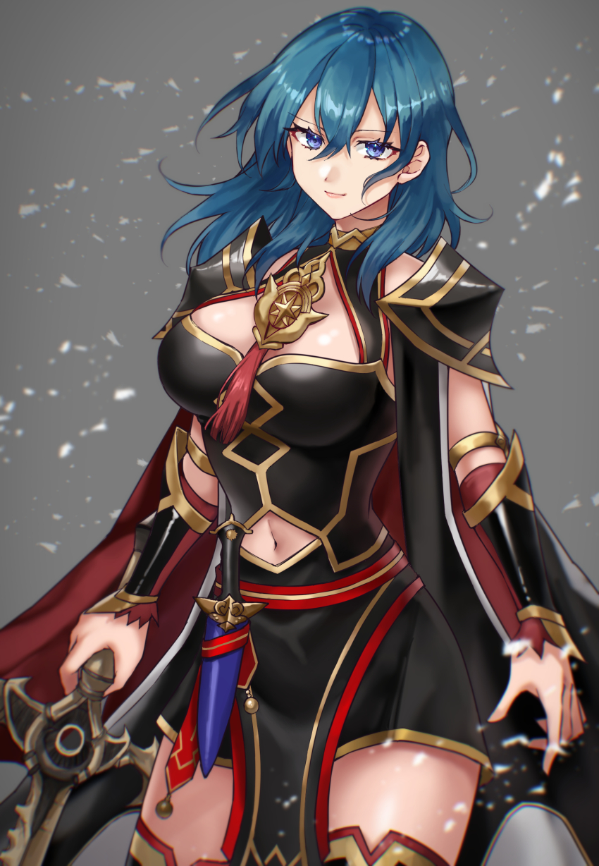 1girl absurdres armor black_armor black_cape blue_eyes blue_hair breasts female_byleth_(fire_emblem) female_byleth_(resplendent)_(fire_emblem) cape closed_mouth commentary_request fire_emblem fire_emblem:_three_houses fire_emblem_heroes grey_background hair_between_eyes hazuki_(nyorosuke) highres holding holding_sword holding_weapon lips long_hair navel nintendo official_alternate_costume pelvic_curtain pink_lips red_cape simple_background smile solo sword sword_of_the_creator two-tone_cape weapon