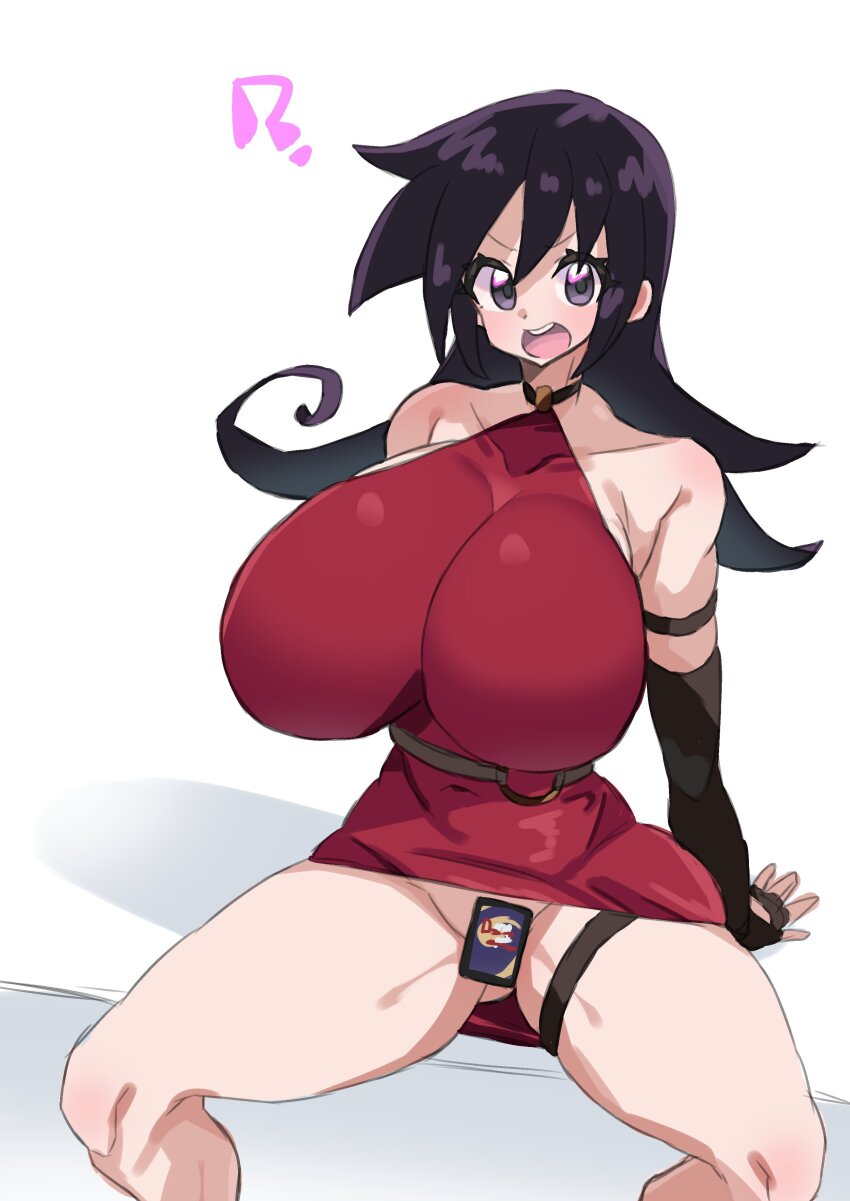 1girl ? absurdres akan_mori alternate_breast_size armlet bare_shoulders black_hair breasts card collarbone duel_masters elbow_gloves female_focus gloves highres huge_breasts jewelry long_hair looking_at_viewer open_mouth playing_card sitting spread_legs tasogare_mimi thigh_strap thighs tongue