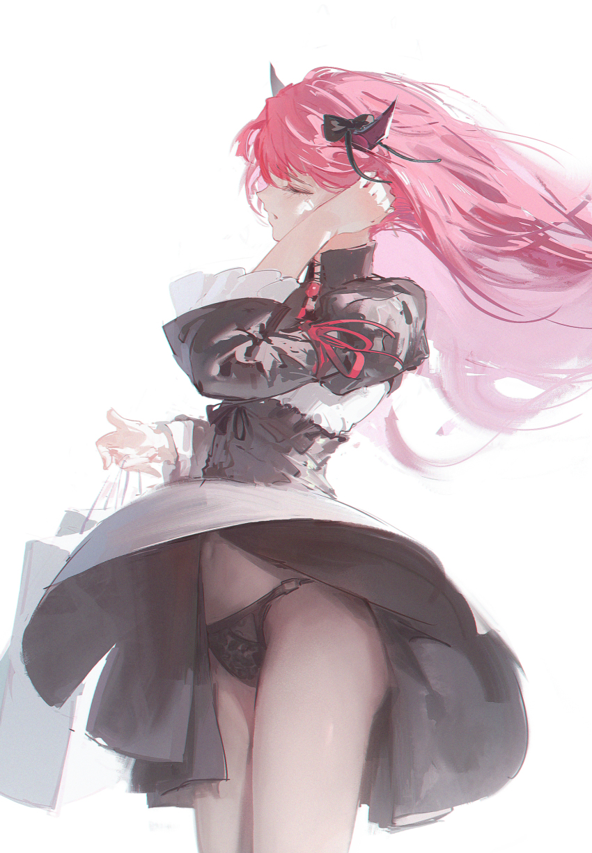 1girl absurdres bag black_dress black_panties bow brooch closed_eyes colored_inner_hair commentary cowboy_shot dino_(dinoartforame) dress dress_ribbon floating_hair from_side hair_bow hand_on_own_ear high_collar highres holding holding_bag hololive hololive_english horns irys_(hololive) irys_(maid)_(hololive) jewelry juliet_sleeves lace lace_panties layered_sleeves long_hair long_sleeves multicolored_hair navel official_alternate_costume panties pantyshot parted_lips puffy_sleeves red_hair simple_background sleeve_ribbon solo tote_bag underwear virtual_youtuber white_background wind wind_lift