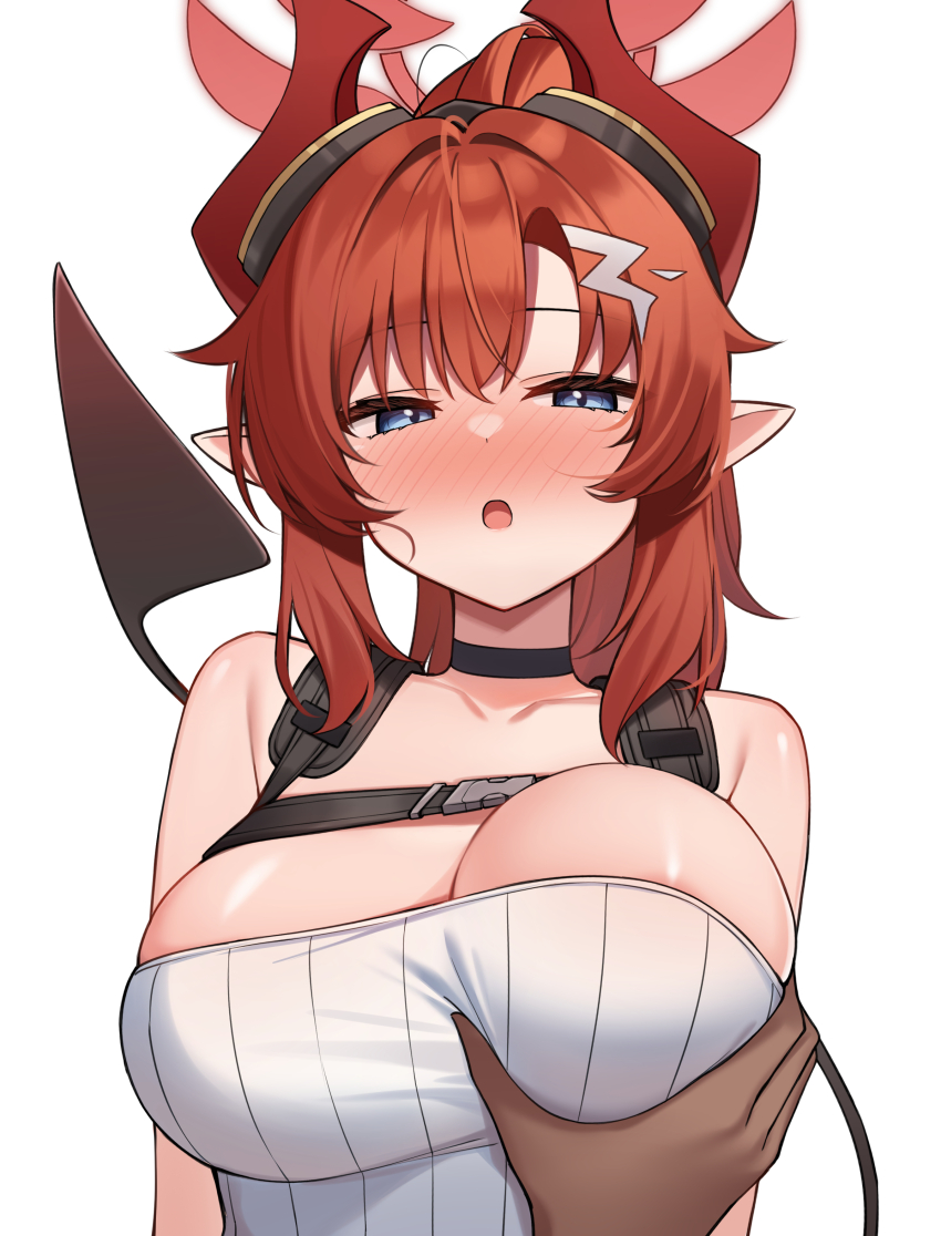 1girl :o absurdres areola_slip bare_shoulders black_choker blue_archive blue_eyes blush breasts chest_harness choker cleavage commentary demon_girl demon_horns demon_tail goggles goggles_on_head groping halo harness highres horns korean_commentary large_breasts long_hair looking_at_viewer megu_(blue_archive) nose_blush open_mouth pointy_ears ponytail pov pov_hands red_hair ribbed_shirt shirt simple_background skindentation solo_focus strapless strapless_shirt tail tail_raised upper_body white_background white_shirt ziro_(zirorong)
