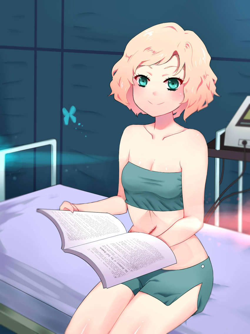 1girl blonde_hair blue_eyes book breasts bug butterfly highres insect metal_gear_(series) metal_gear_solid_v:_ground_zeroes metal_gear_solid_v:_the_phantom_pain paz_ortega_andrade scar small_breasts strapless tedty33 tube_top wavy_hair