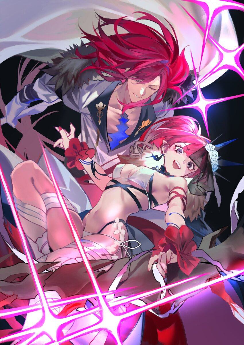 1boy 1girl absurdres baobhan_sith_(fate) baobhan_sith_(swimsuit_pretender)_(fate) baobhan_sith_(swimsuit_pretender)_(third_ascension)_(fate) bare_shoulders bikini bow_(weapon) breasts cleavage cloak closed_eyes crown detached_collar earrings fate/grand_order fate_(series) flower fur-trimmed_cloak fur_trim grey_eyes hair_flower hair_ornament highres hiro_(hirohiro_gorira) jewelry large_breasts long_hair long_sleeves looking_at_viewer navel open_mouth pink_hair pointy_ears red_hair revision scar scar_on_chest shirt side_ponytail sidelocks smile swimsuit thighs tristan_(fate) veil weapon white_bikini white_cloak white_shirt