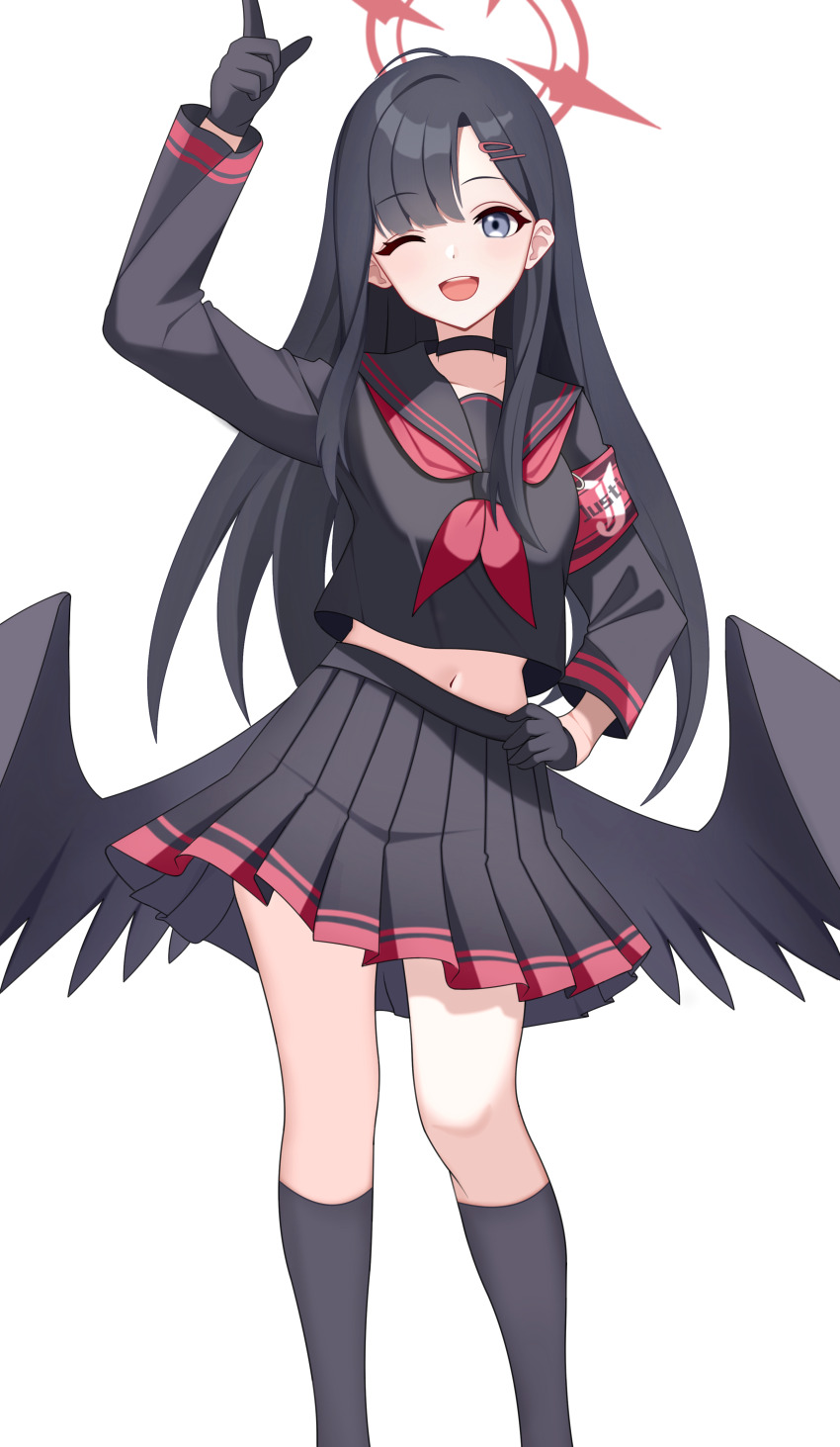 1girl absurdres black_choker black_hair black_serafuku black_wings blue_archive choker hair_ornament hairclip halo highres ichika_(blue_archive) kenomotsu_yukuwa long_hair navel neckerchief one_eye_closed red_halo red_neckerchief school_uniform serafuku skirt smile solo wings
