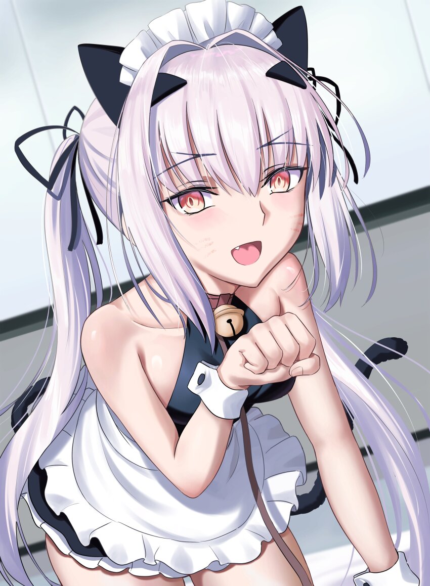 1girl absurdres alternate_costume animal_ears apron black_shirt cat_ears cat_tail collarbone commentary english_commentary fake_animal_ears fate/grand_order fate_(series) fingernails grey_hair highres indoors long_hair longdq3008 looking_at_viewer maid_headdress melusine_(fate) on_bed orange_eyes ponytail shirt sleeveless sleeveless_shirt solo tail waist_apron white_apron wrist_cuffs