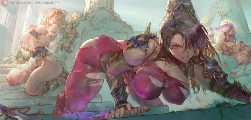 3girls all_fours blonde_hair bodysuit breasts clenched_teeth closed_eyes cutesexyrobutts highres isabella_valentine large_breasts long_hair looking_at_viewer multiple_girls ninja revealing_clothes sophitia_alexandra soul_calibur taki_(soulcalibur) teeth thighs weapon whip_sword white_hair