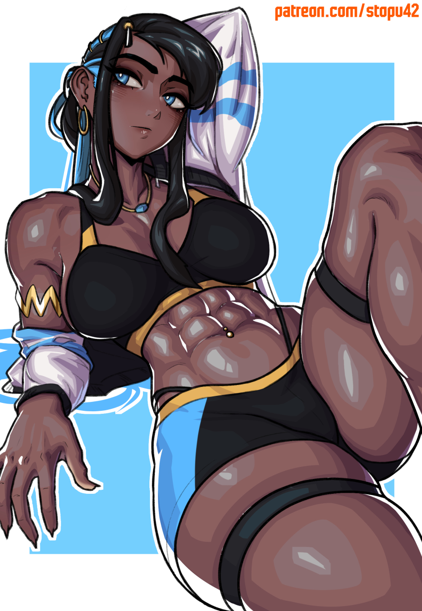 1girl abs arm_behind_head black_hair black_panties black_shorts black_sports_bra blue_background blue_eyes blue_hair blue_shorts border breasts bright_pupils closed_mouth dark-skinned_female dark_skin earrings hair_ornament highleg highleg_panties highres hoop_earrings jacket jewelry knee_up large_breasts long_hair long_sleeves looking_to_the_side lying multicolored_hair muscular muscular_female navel navel_piercing necklace nessa_(pokemon) nintendo off_shoulder on_back open_clothes open_jacket outside_border panties panty_straps patreon_username piercing pokemon pokemon_swsh short_shorts shorts sideways_glance skindentation solo sports_bra stopu thigh_strap two-tone_hair two-tone_shorts underwear watermark web_address white_border white_jacket white_pupils